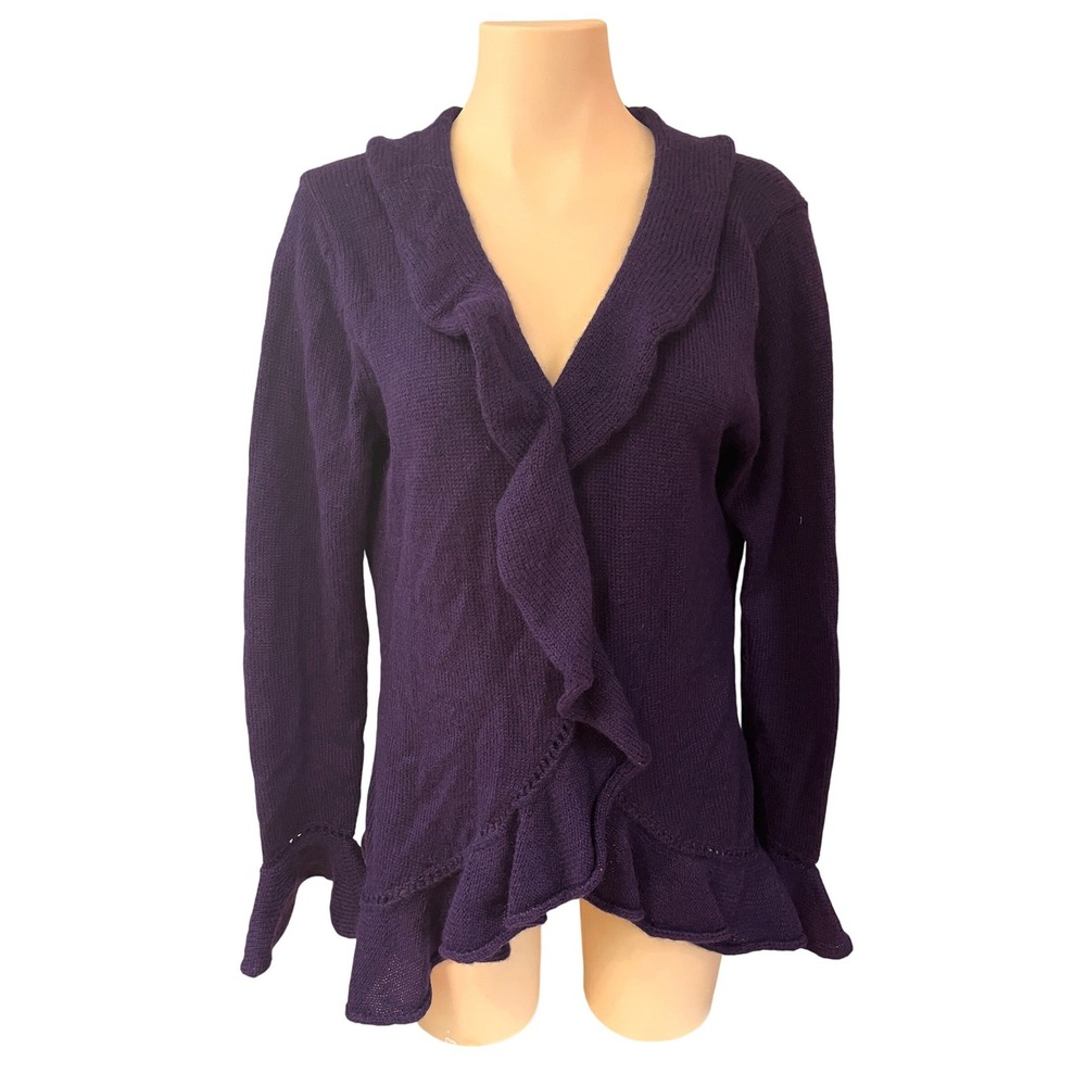 Alice Arthur Purple 100% Alpaca Ruffle Open Front Cardigan Sweater Medium Peru